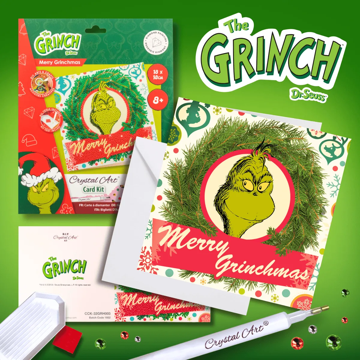 Craft Buddy Crystal Art Merry Grinchmas kaart 18x18cm kerst groen