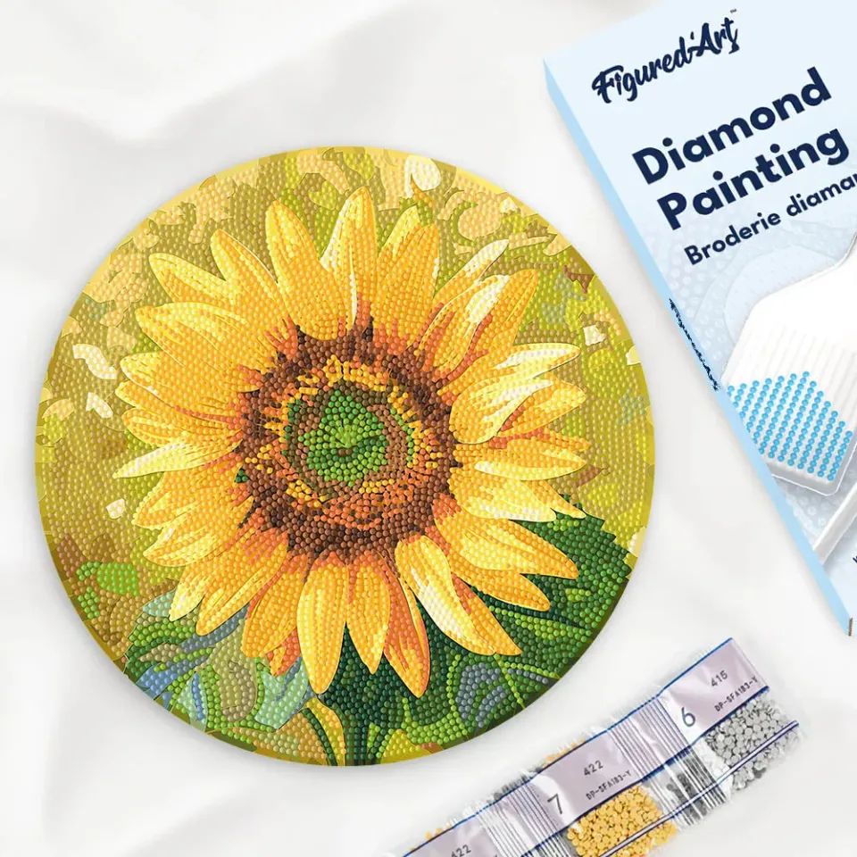 Figured'Art Zonnebloem diamond painting 30 cm houten schijf rond