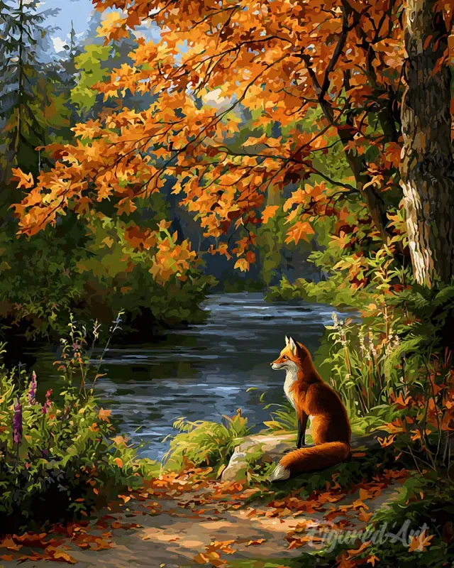 Figured'Art Rode vos bij de rivier diamond painting 40x50 cm rond
