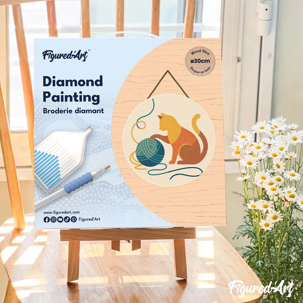 Figured'Art Kat en bol garen diamond painting hout 30 cm rond