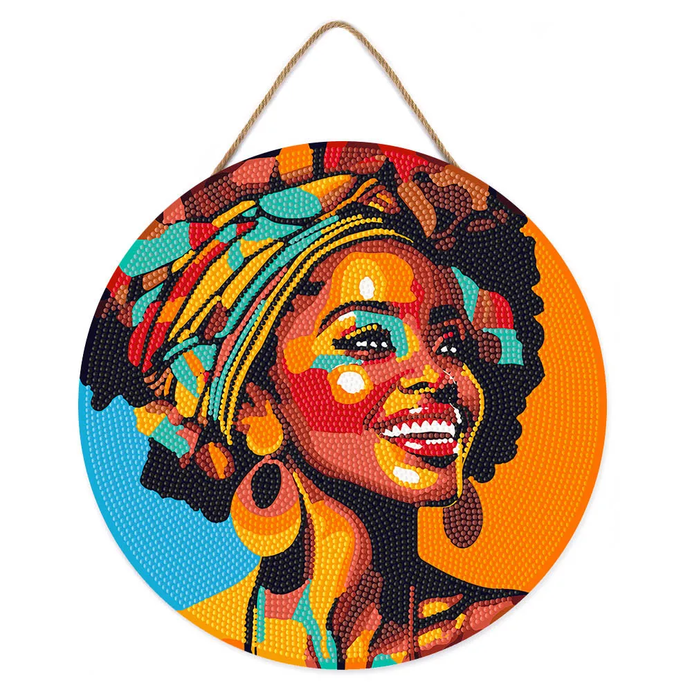 Figured'Art Afrikaanse Koningin Pop Art diamond painting hout 30 cm rond