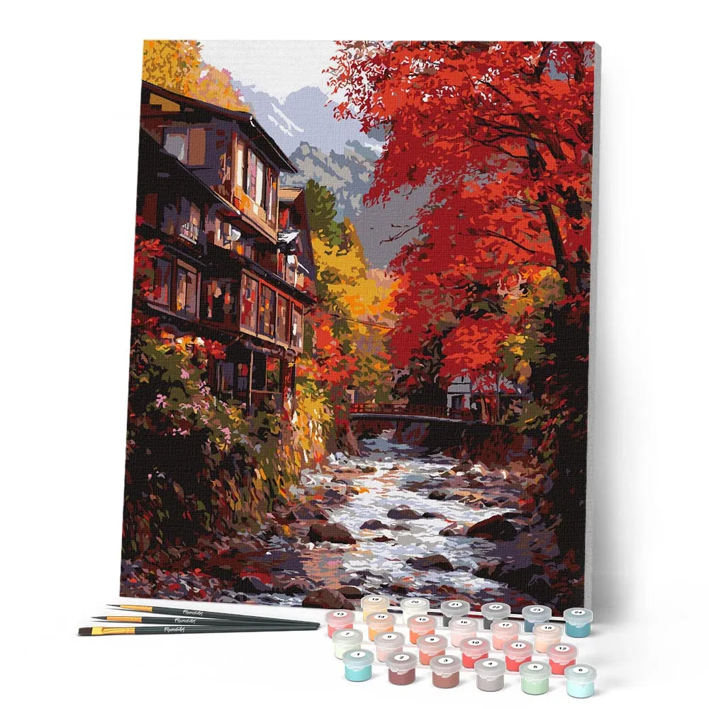 Figured'Art Herfstdorp in Nikkō schilderen op nummer 40x50 herfst