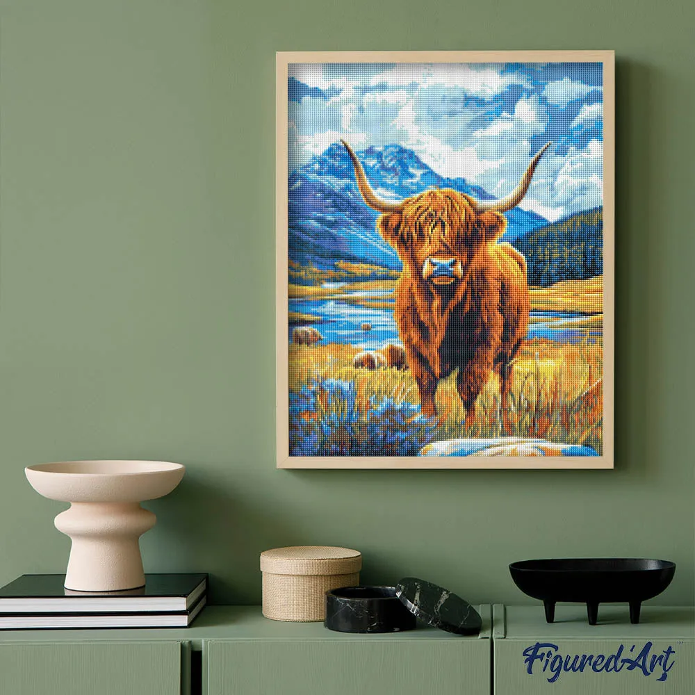 Figured'Art Schotse Hooglander bij het meer diamond painting 40x50 cm