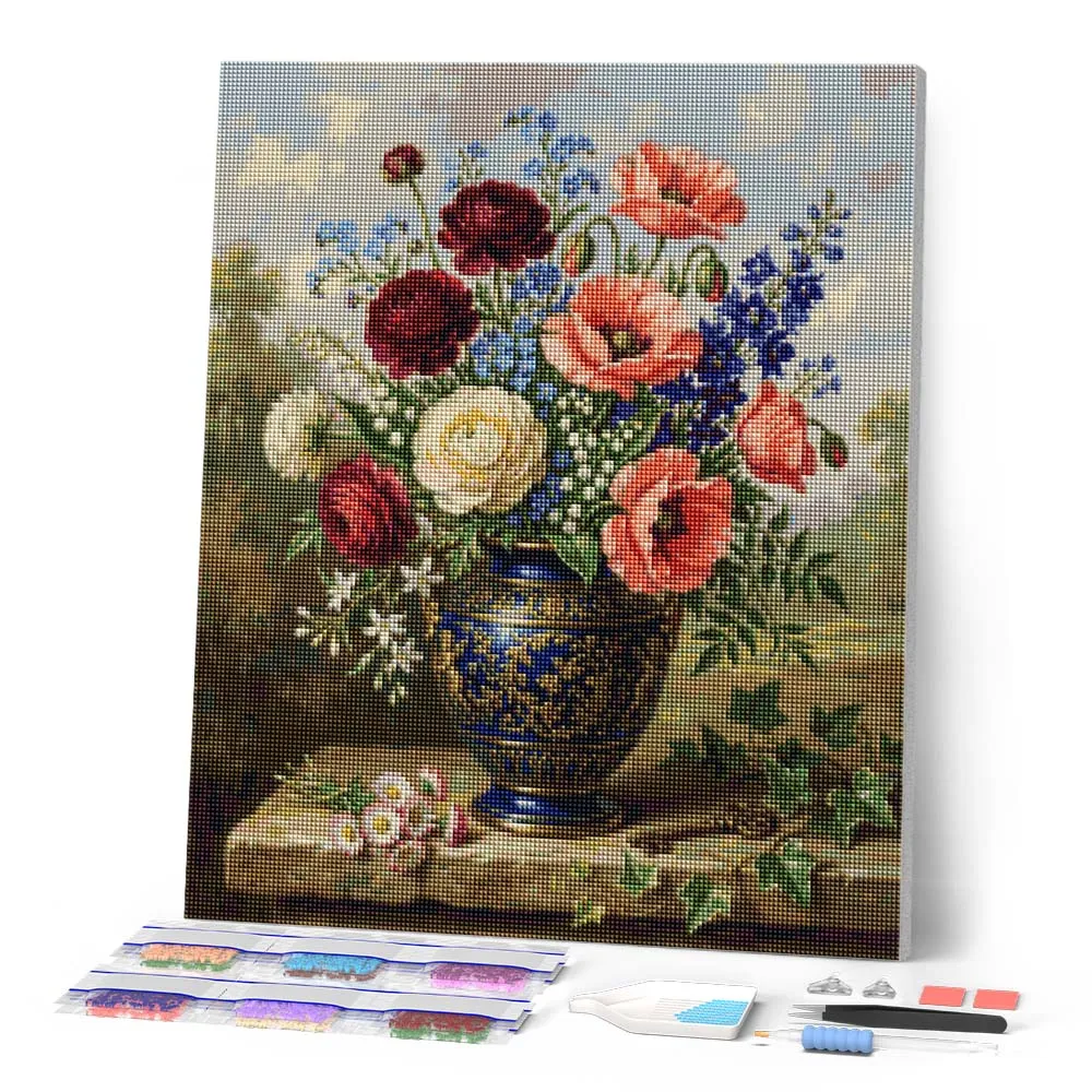Figured'Art Bloemen in blauwe vaas diamond painting 40x50 cm