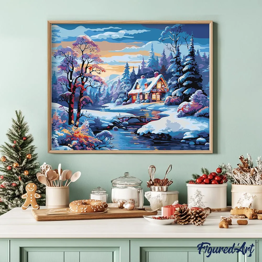 Figured'Art Winterhuisje aan de Rivier schilderen op nummer 40x50 cm