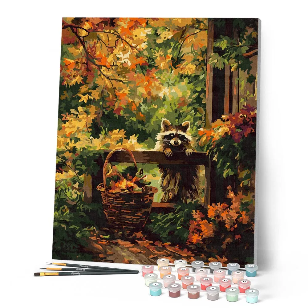 Figured'Art Schattige Wasbeer Herfst schilderen op nummer 40x50 cm gevorderd