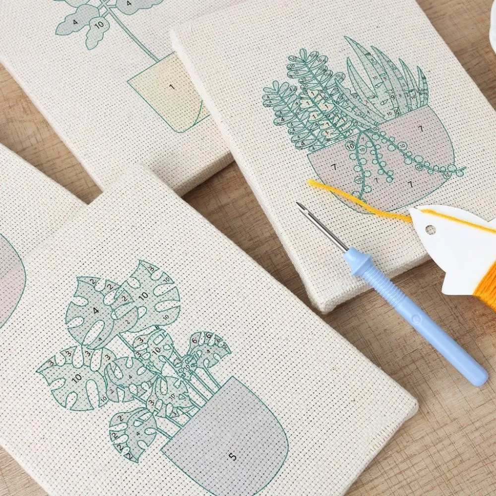 Figured'Art Zonnige Planten Sfeer punch needle set 4 stuks 15x20cm katoen