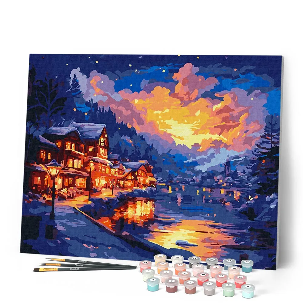 Figured'Art Verlicht Dorp aan het Meer schilderen op nummer 40x50cm winter