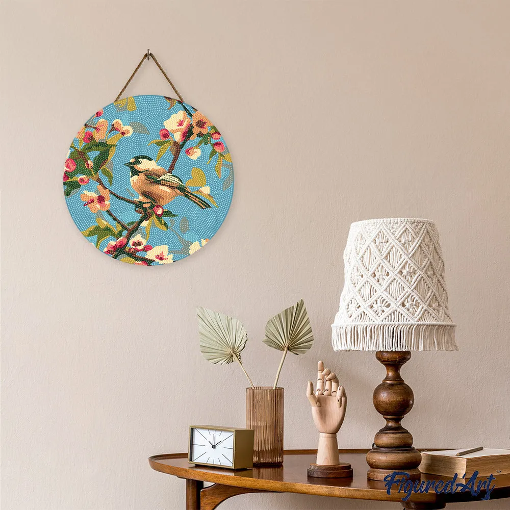 Figured'Art Vogel op een tak diamond painting houten schijf Ø30 rond