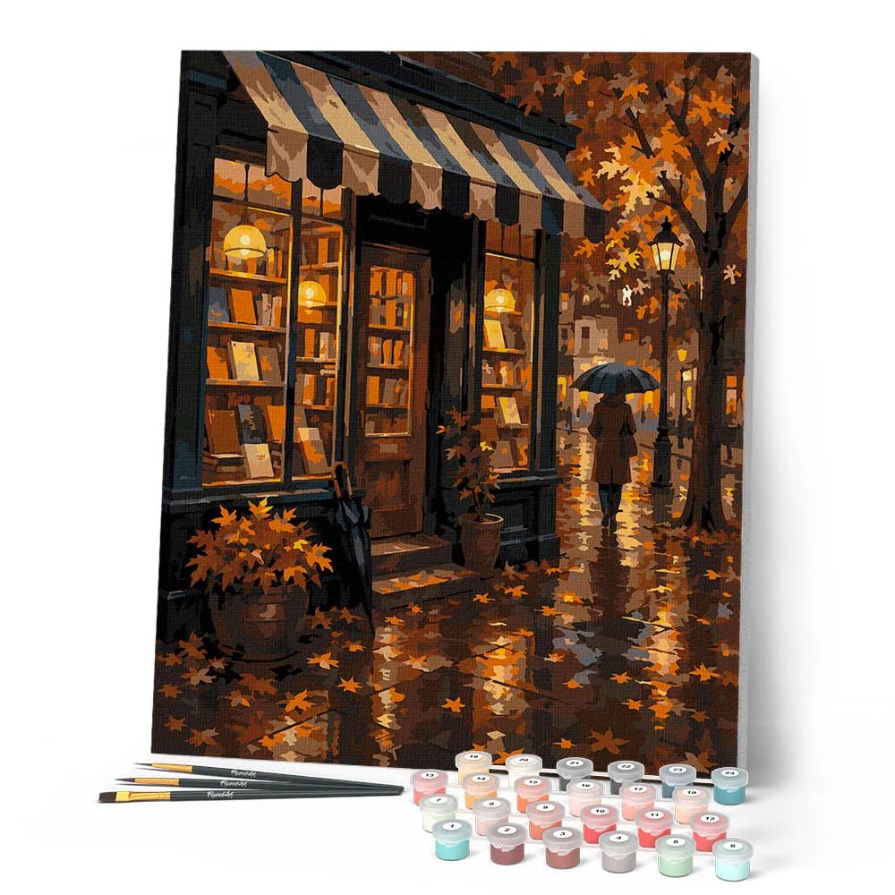 Figured'Art Regenachtige Herfstboekwinkel schilderen op nummer 40x50