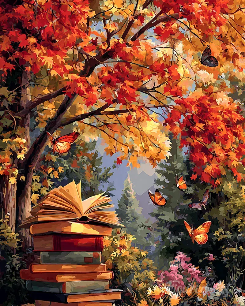 Figured'Art Lezen met vlinders diamond painting 40x50 cm herfst