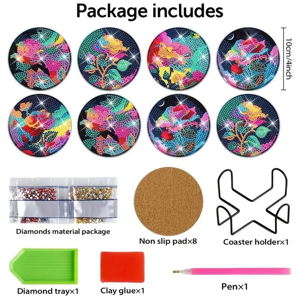 Figured'Art Rozen diamond painting onderzetters 8 stuks kurk
