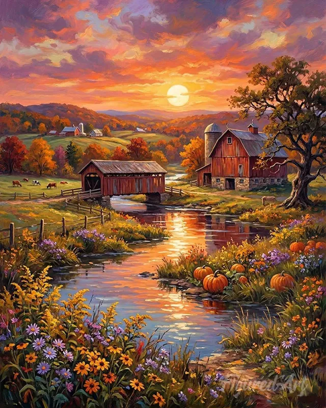 Figured'Art Boerderijvallei bij zonsondergang diamond painting 40x50 cm