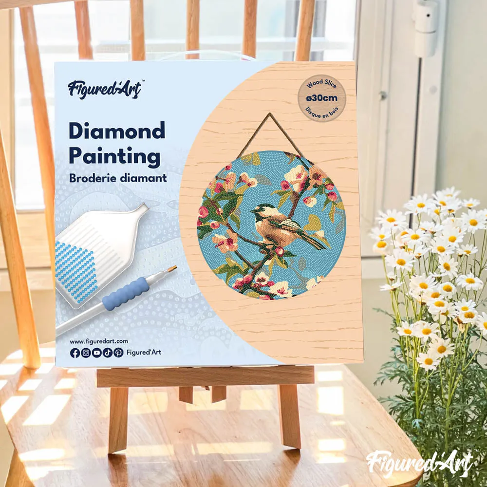 Figured'Art Vogel op een tak diamond painting houten schijf Ø30 rond