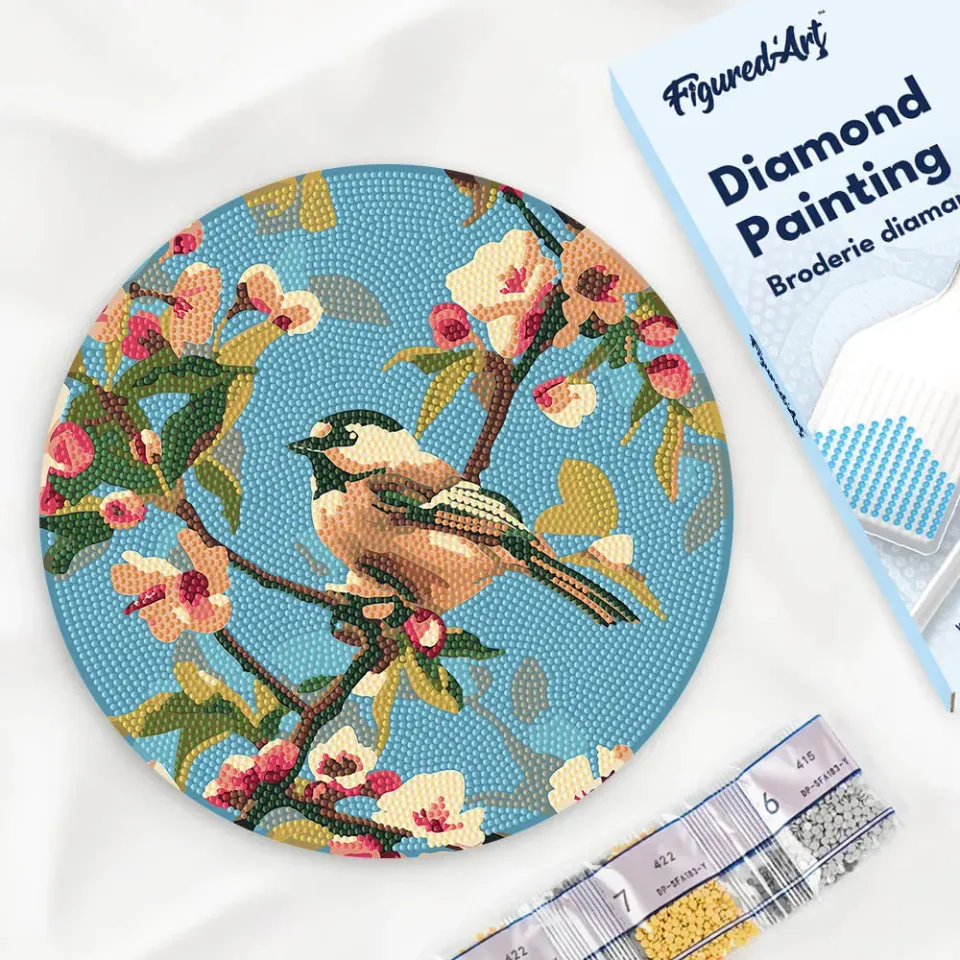 Figured'Art Vogel op een tak diamond painting houten schijf Ø30 rond