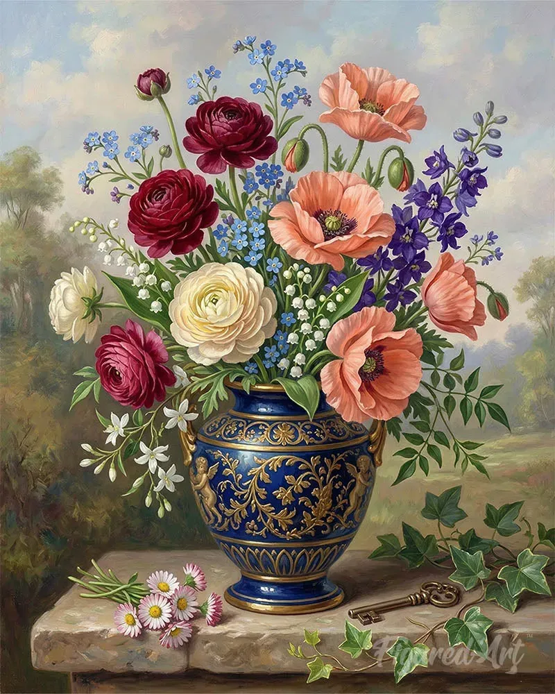 Figured'Art Bloemen in Blauwe Vaas schilderen op nummer 40x50cm