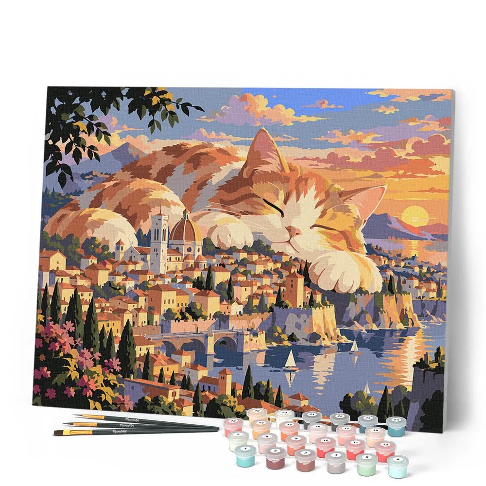 Figured'Art Reuzenkat boven de Stad Schilderen op Nummer 40x50