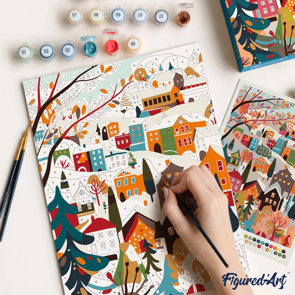 Figured'Art Kleurrijk Winterdorp schilderen op nummer cadeauset winter