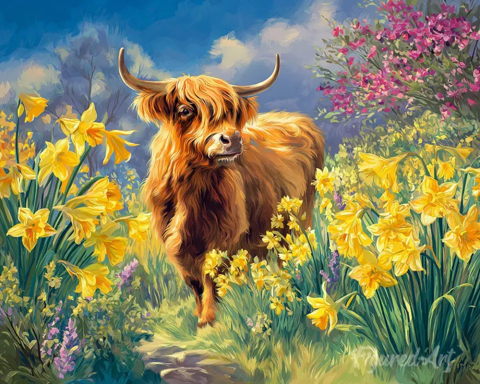 Figured'Art Schotse Hooglander met Narcissen diamond painting 40x50