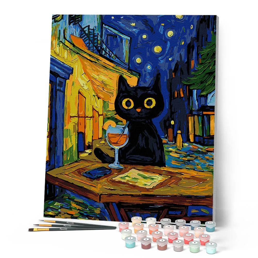 Figured'Art Middernachtcocktailkat schilderen op nummer 40x50 cm kat