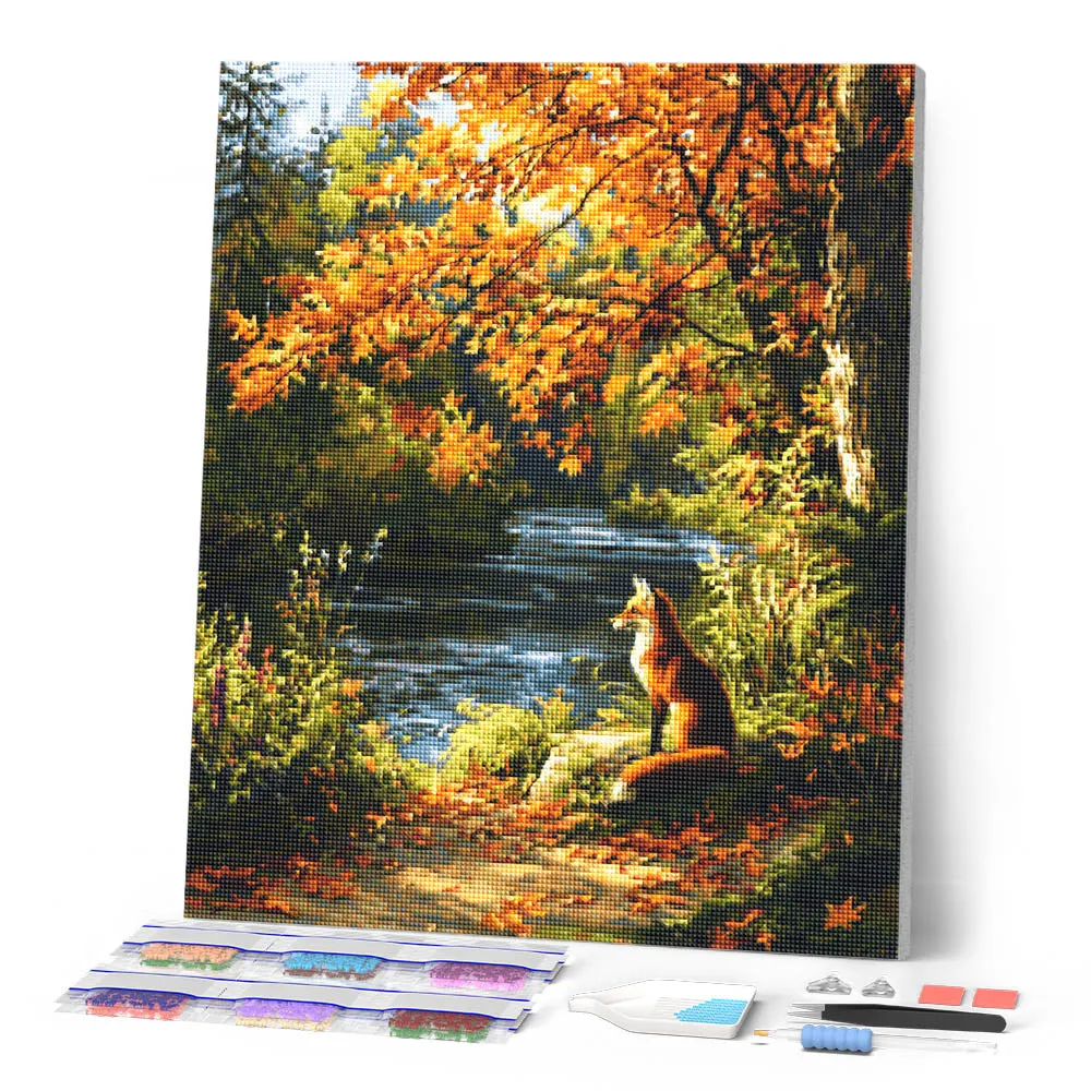 Figured'Art Rode vos bij de rivier diamond painting 40x50 cm rond