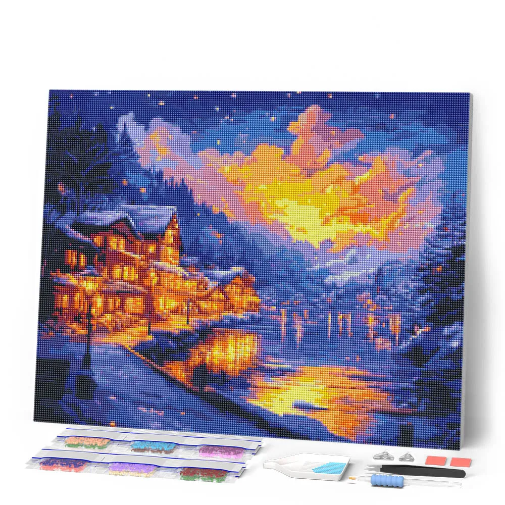 Figured'Art Verlicht Dorp aan het Meer diamond painting 40x50