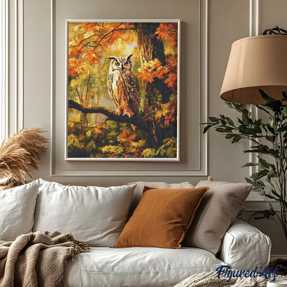 Figured'Art Uil tussen gouden bladeren diamond painting 40x50 cm
