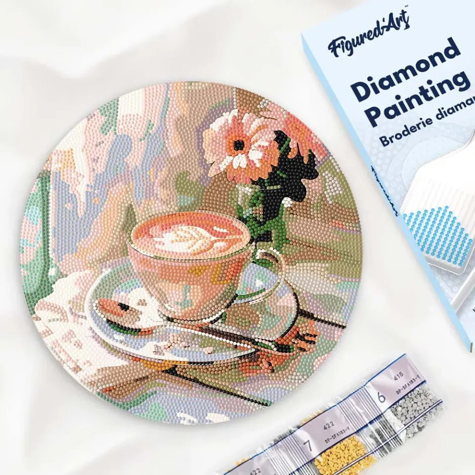 Figured'Art Ochtendkoffie diamond painting houten schijf 30cm rond