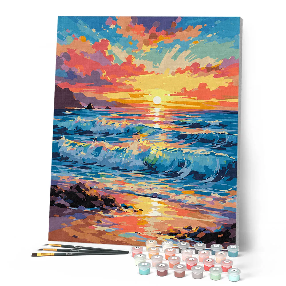 Figured'Art Golven bij zonsondergang schilderen op nummer 40x50 cm zee