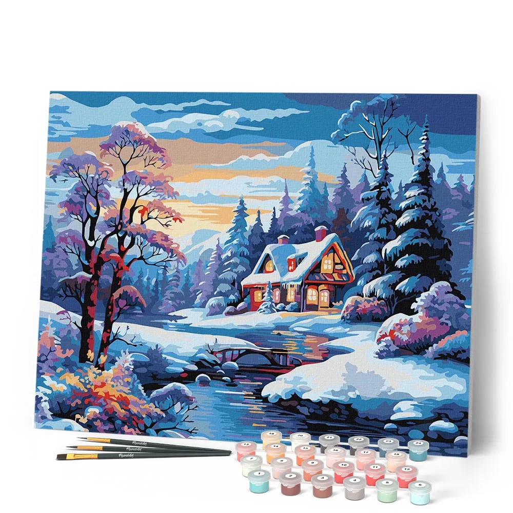 Figured'Art Winterhuisje aan de Rivier schilderen op nummer 40x50 cm