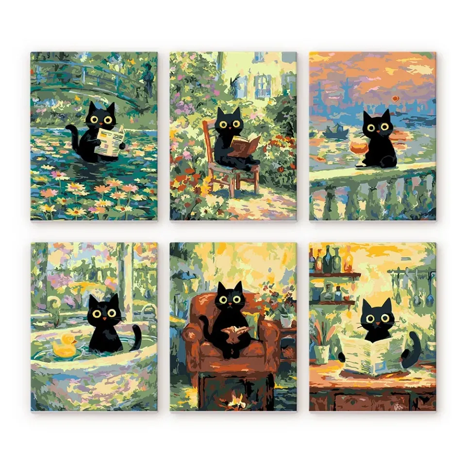Figured'Art Mini Kat in Claude Monet-stijl schilderen op nummer 6 stuks