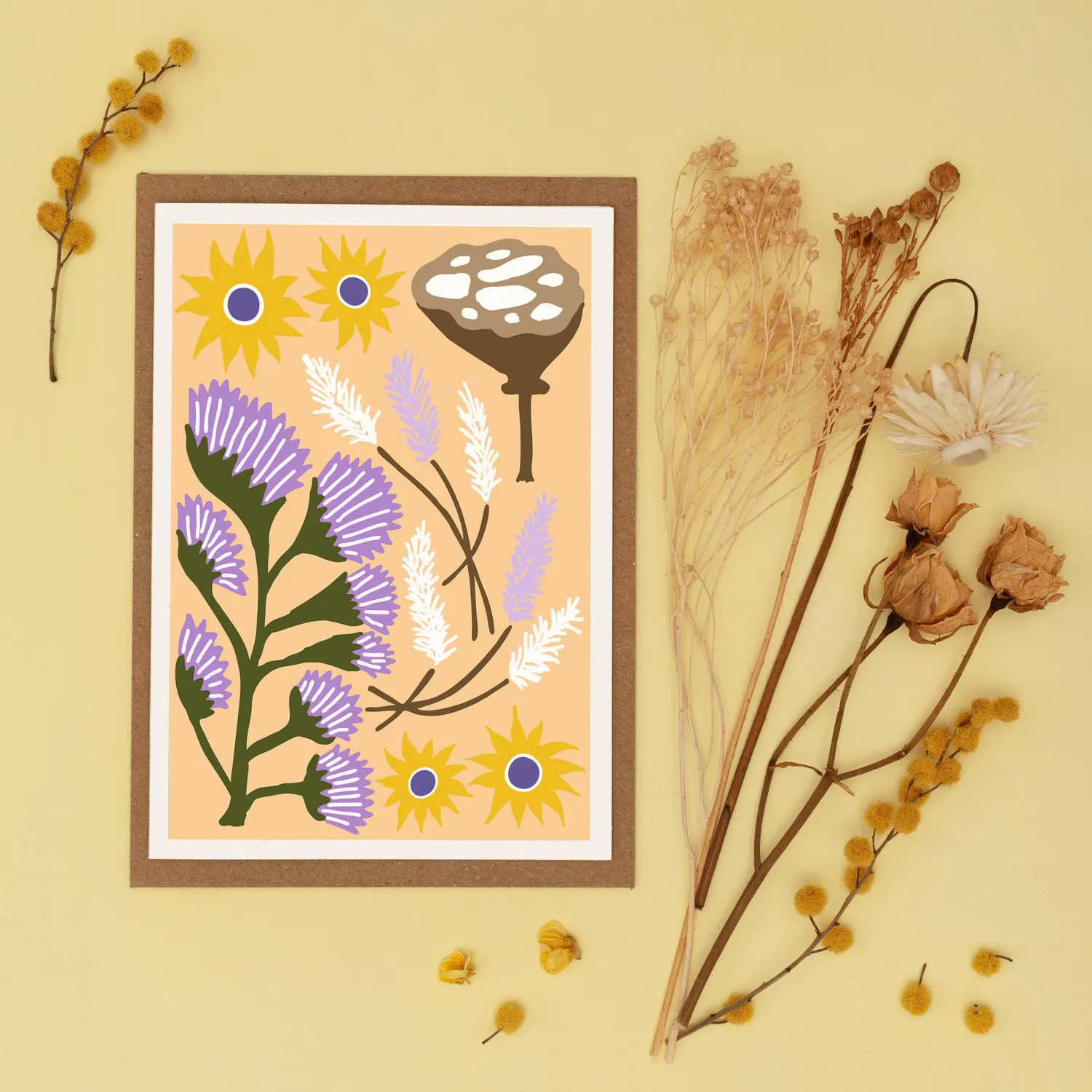 Studio Wald Dried wenskaart tarwegeel A6 droogbloem
