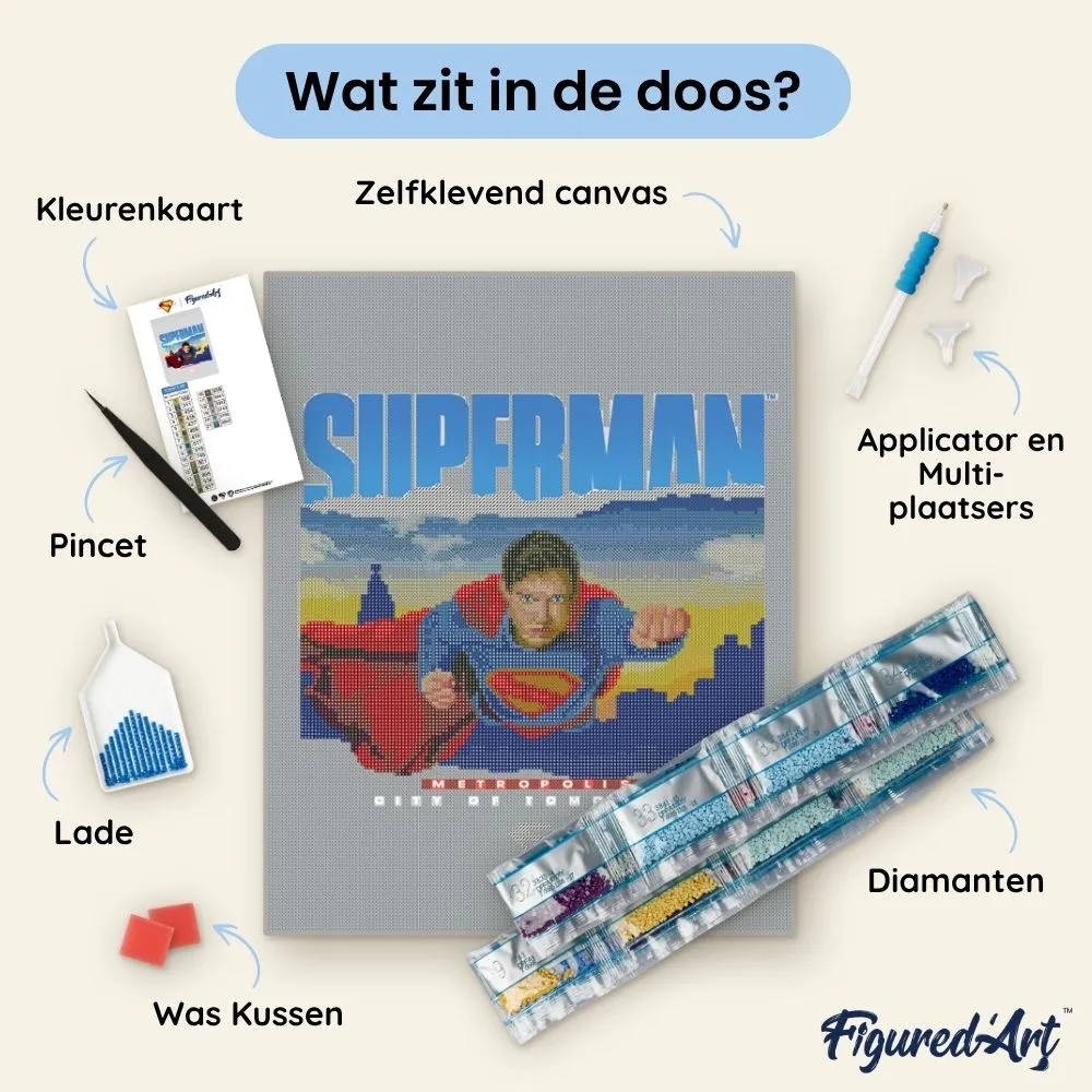 Figured'Art Superman met skyline diamond painting 40x50cm ingelijst
