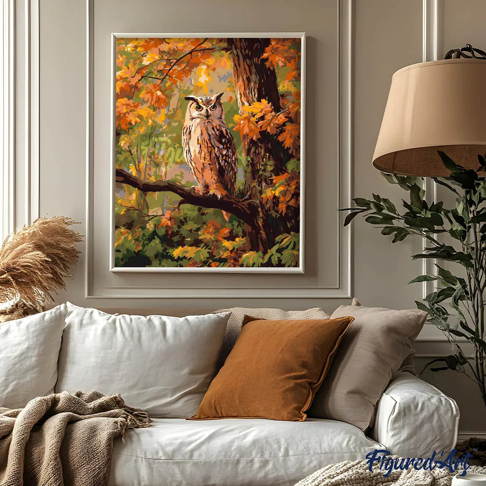 Figured'Art Uil tussen gouden bladeren schilderen op nummer 40x50