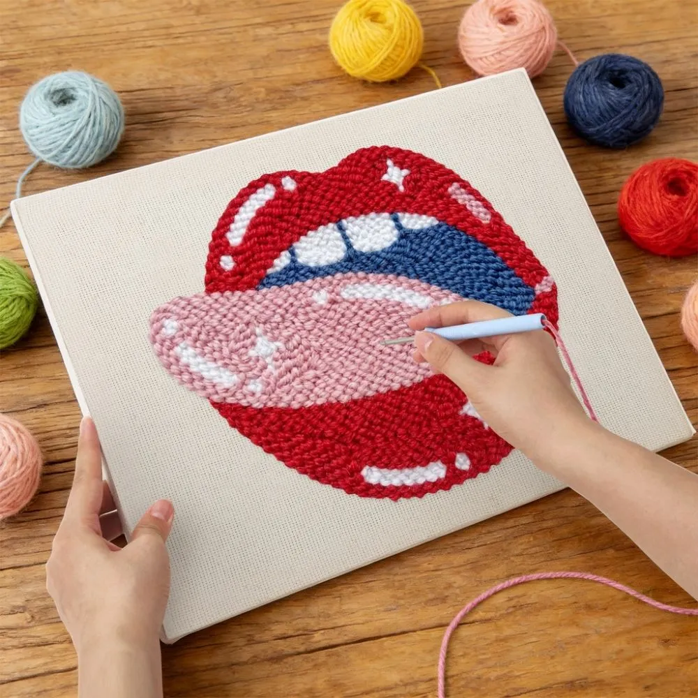 Figured'Art Punch Needle Pakket met frame Pop Art Lippen 20x30cm katoen