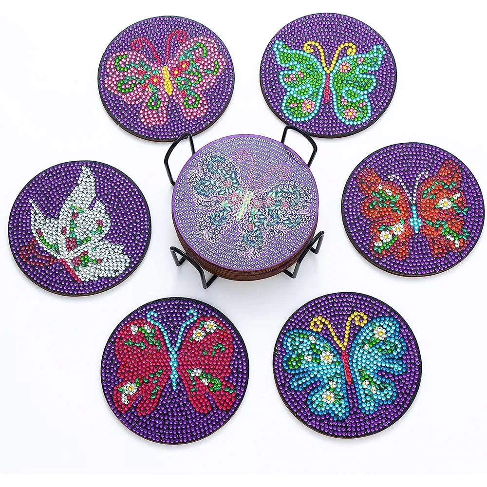 Figured'Art Paarse Vlinders onderzetters diamond painting 10 cm