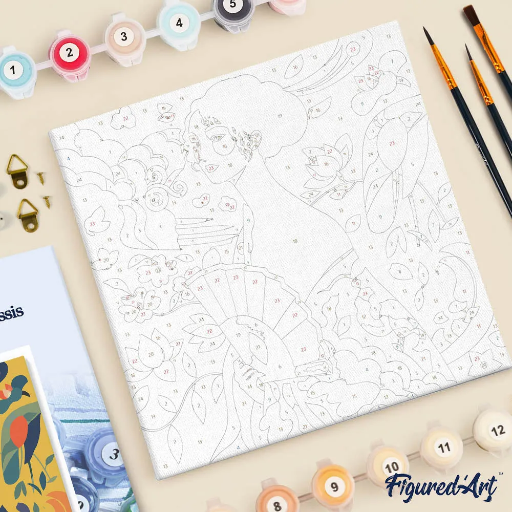 Figured'Art Dame met waaier Klimt mini schilderen op nummer 20x20 cm frame