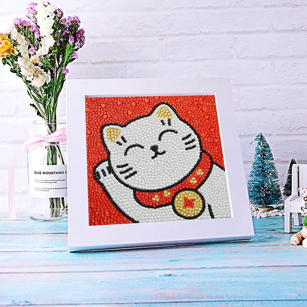 Figured'Art Kat diamond painting 18x18cm rond met lijst