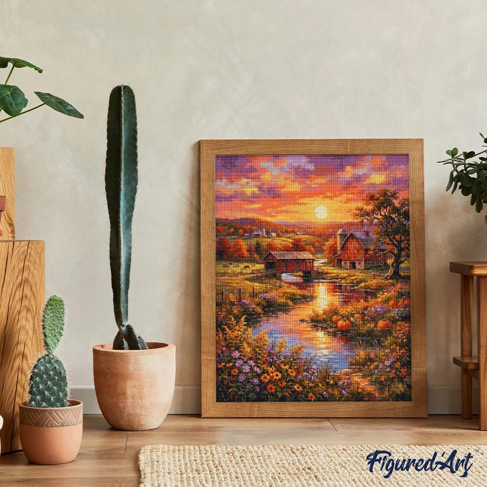 Figured'Art Boerderijvallei bij zonsondergang diamond painting 40x50 cm
