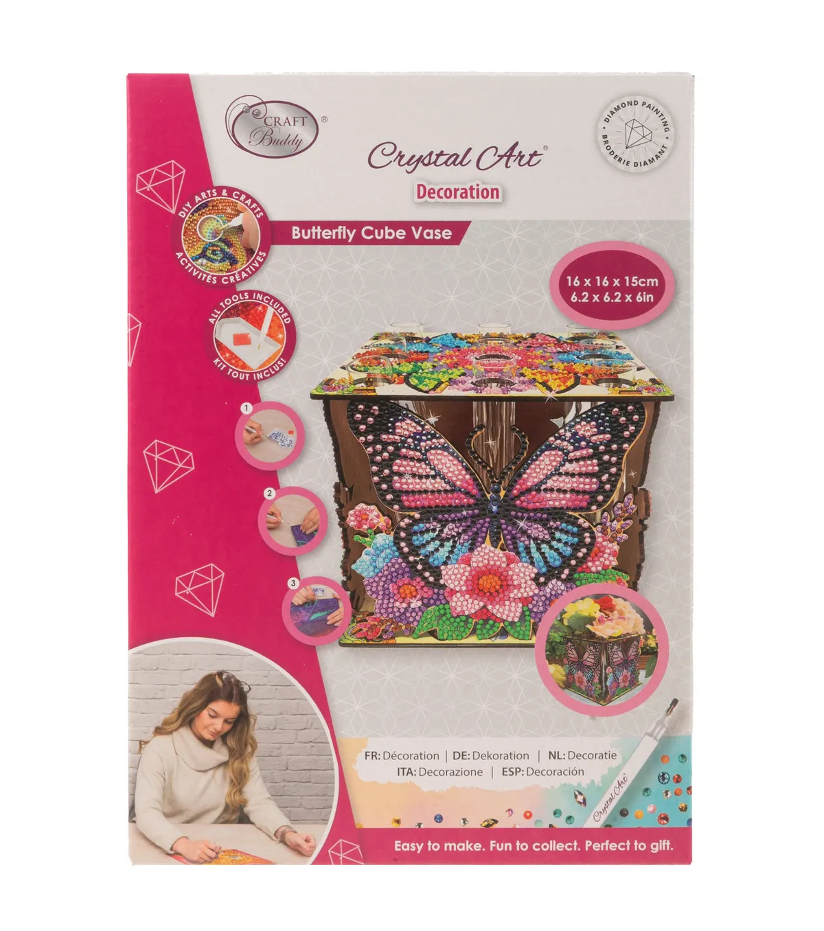 Craft Buddy Crystal Art Butterfly Cube Vase diamond painting 16 cm