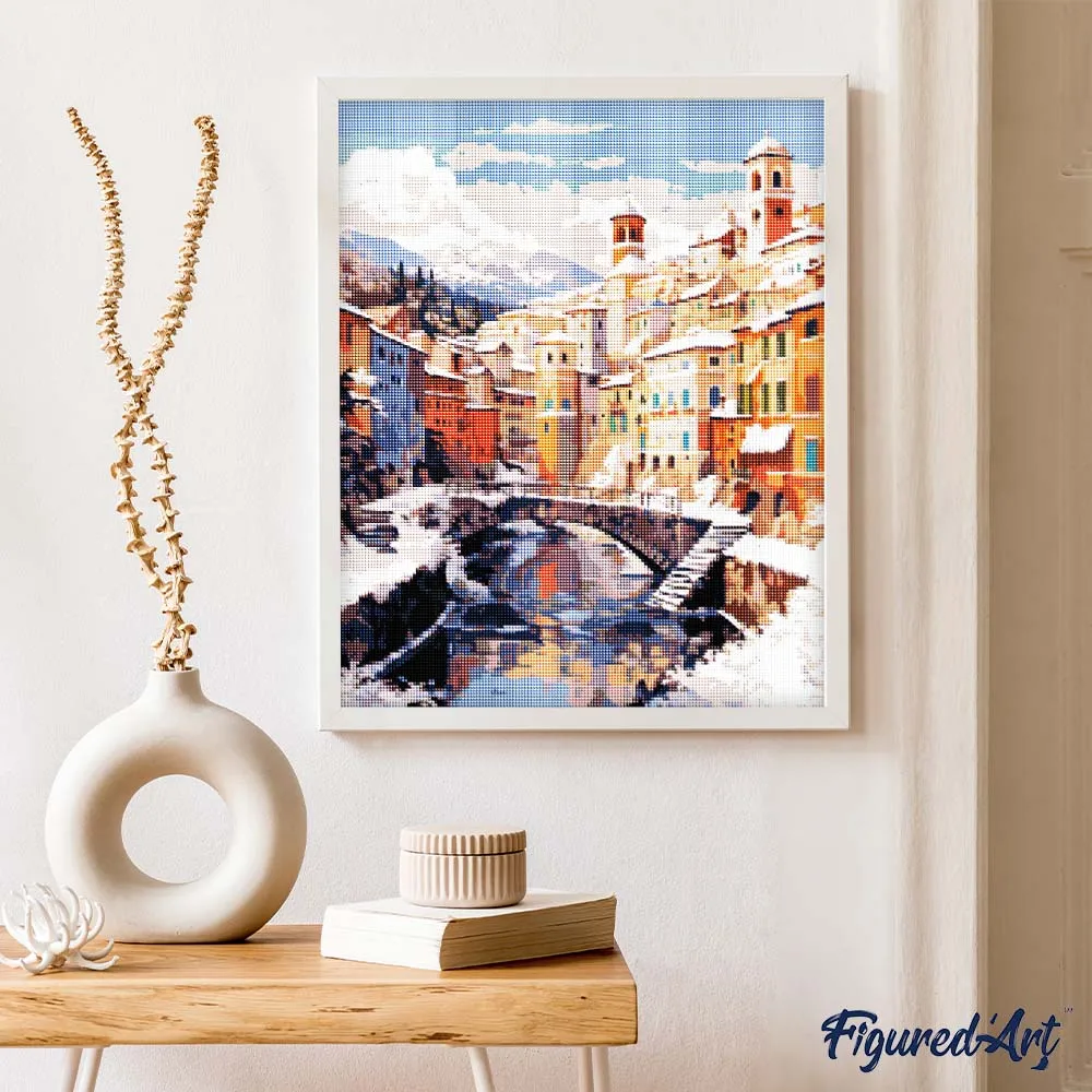 Figured'Art Winterdorp aan de rivier diamond painting full drill