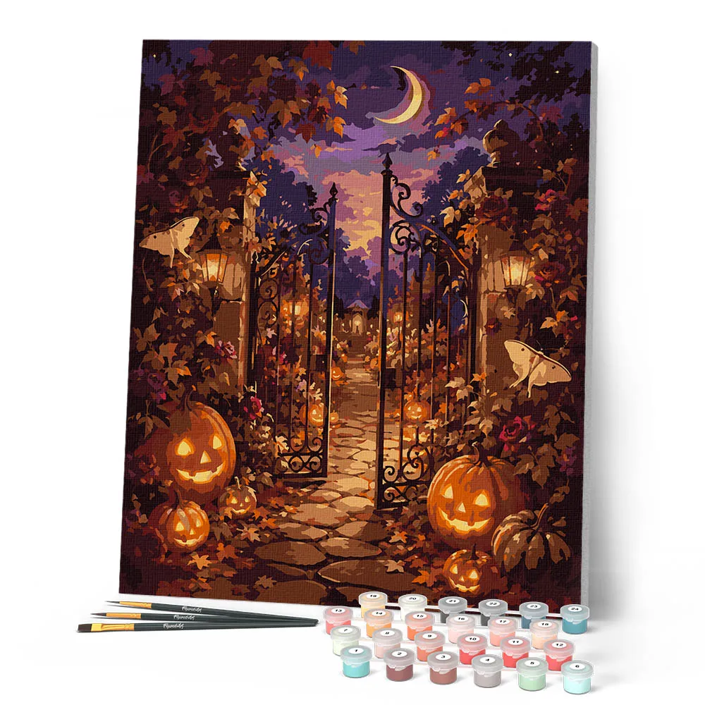 Figured'Art Tuinhek Halloween-pompoenen schilderen op nummer 40x50