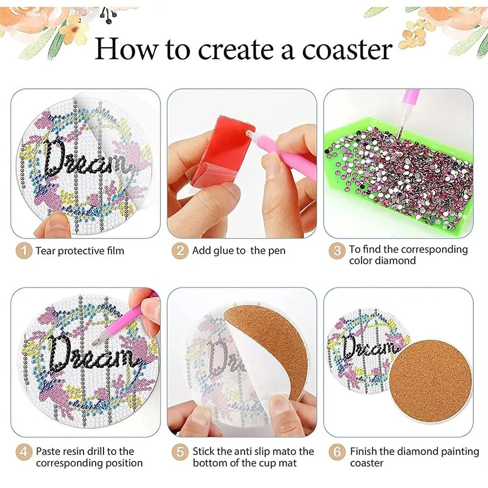 Figured'Art Onderzetters diamond painting positieve woorden 8 stuks kurk