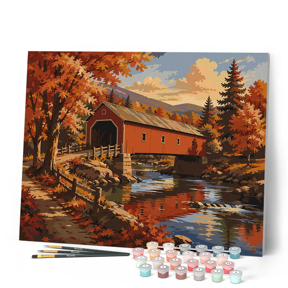Figured'Art Overdekte Brug in de Herfst schilderen op nummer 40x50 cm herfst