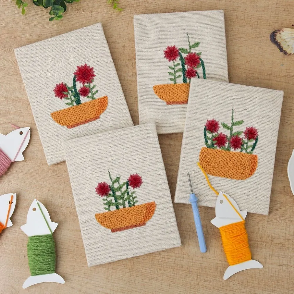 Figured'Art Bloemenmand punch needle set 4 stuks met frame katoen 15x20 cm