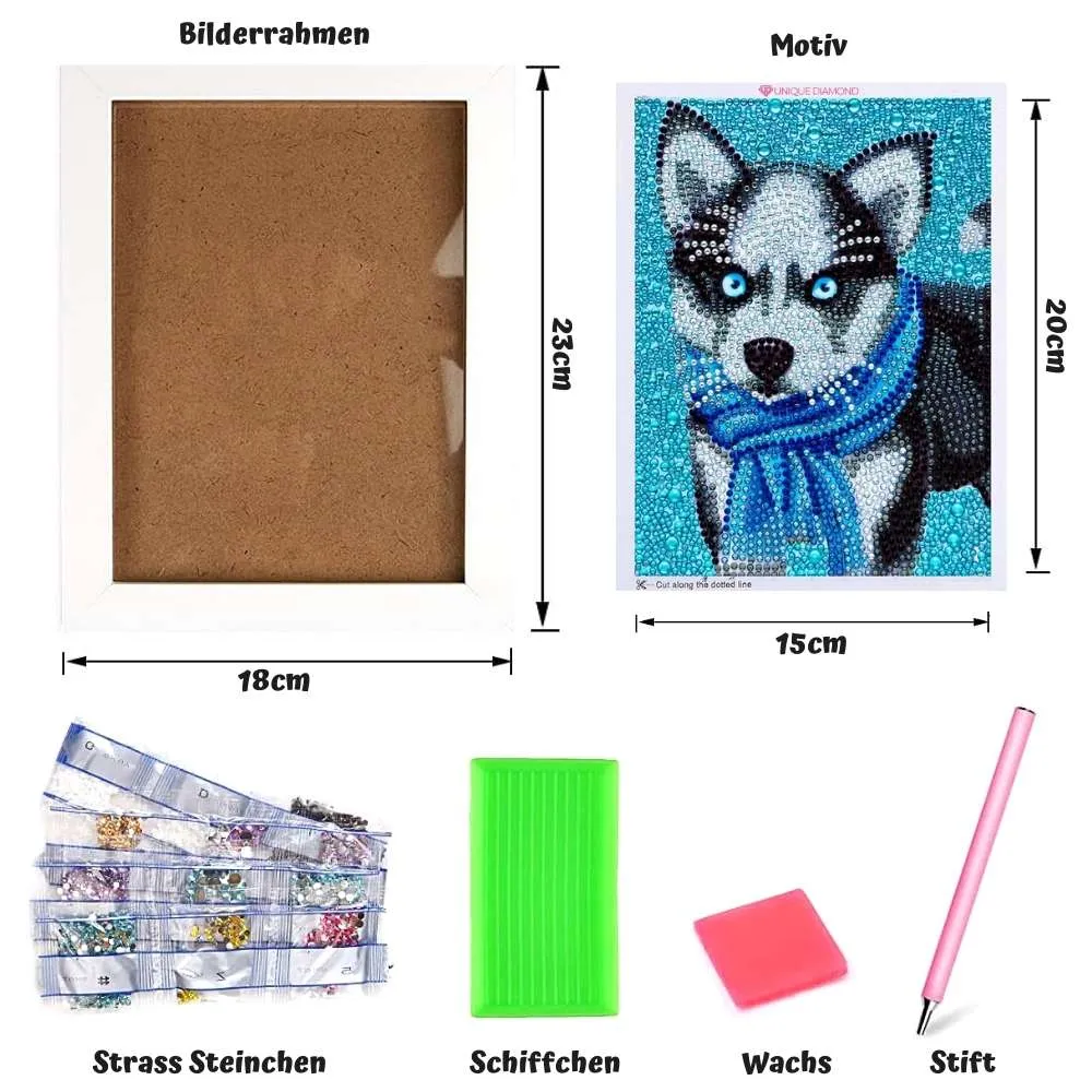 Figured'Art Husky diamond painting 15x20cm met lijst rond