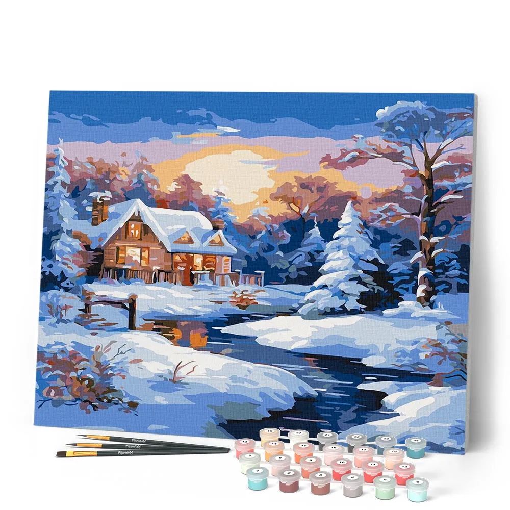 Figured'Art Winterhuisje bij Zonsondergang schilderen op nummer winter