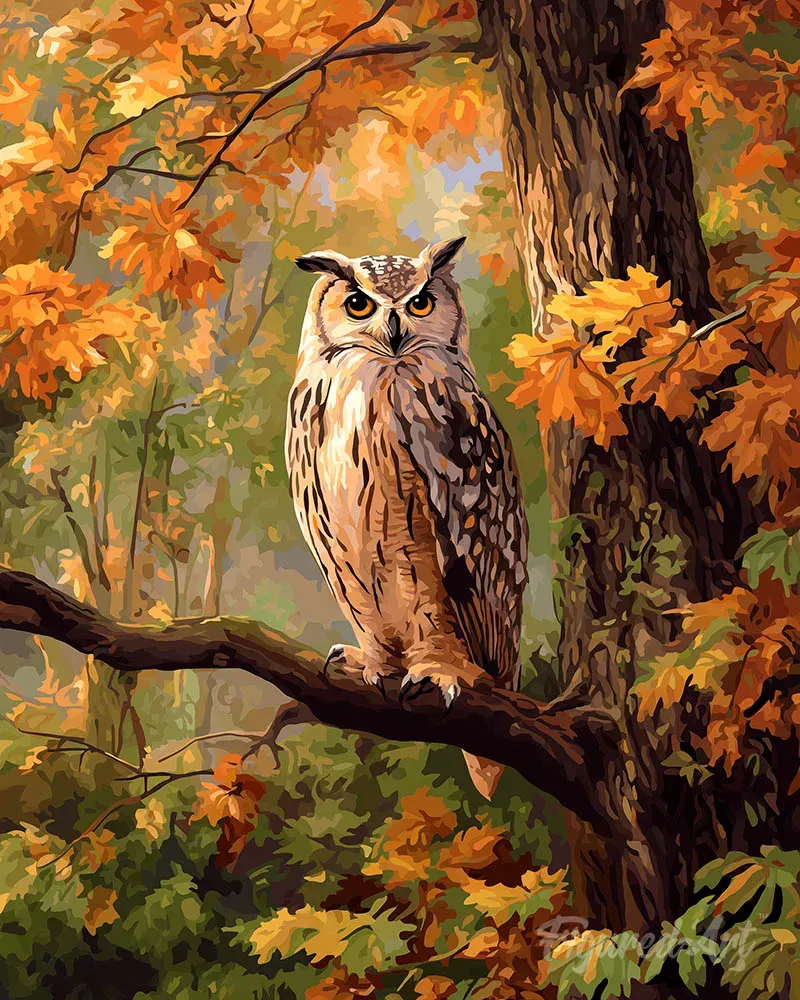 Figured'Art Uil tussen gouden bladeren diamond painting 40x50 cm