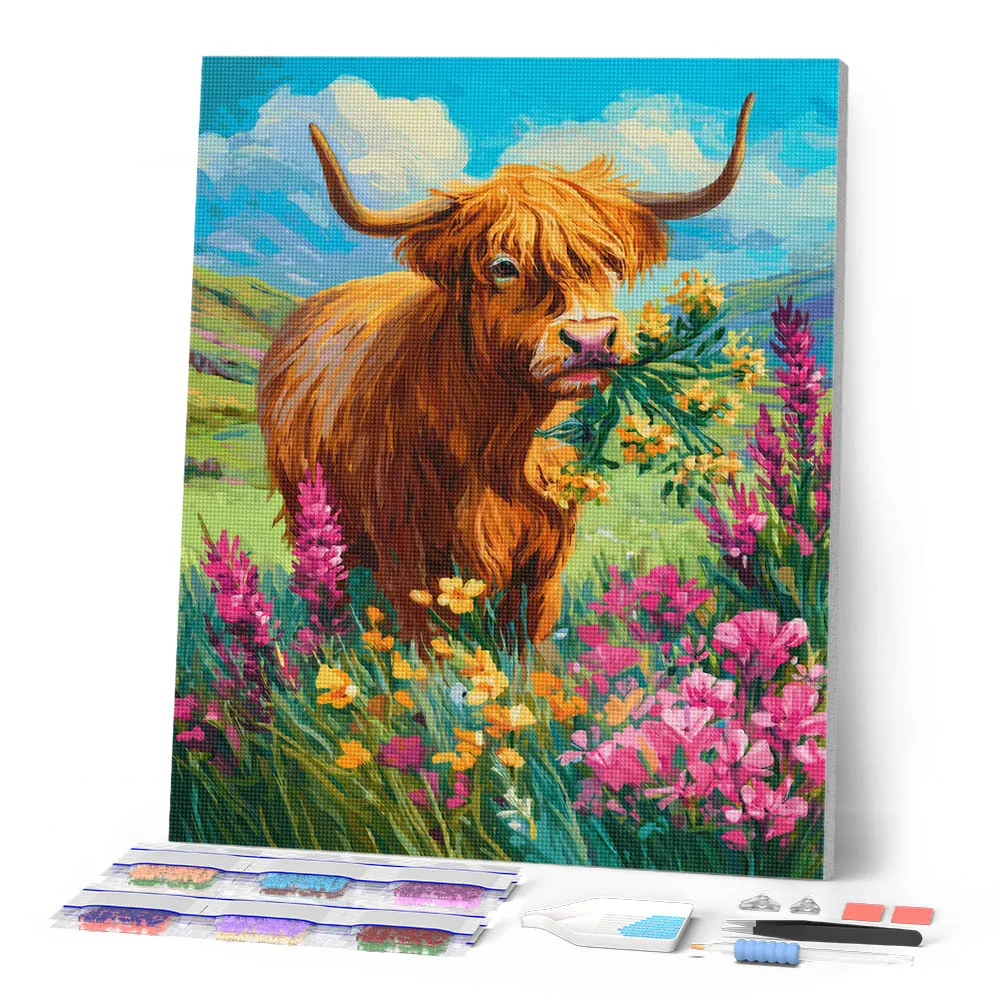 Figured'Art Schotse Hooglander diamond painting bloemenzee 40x50cm