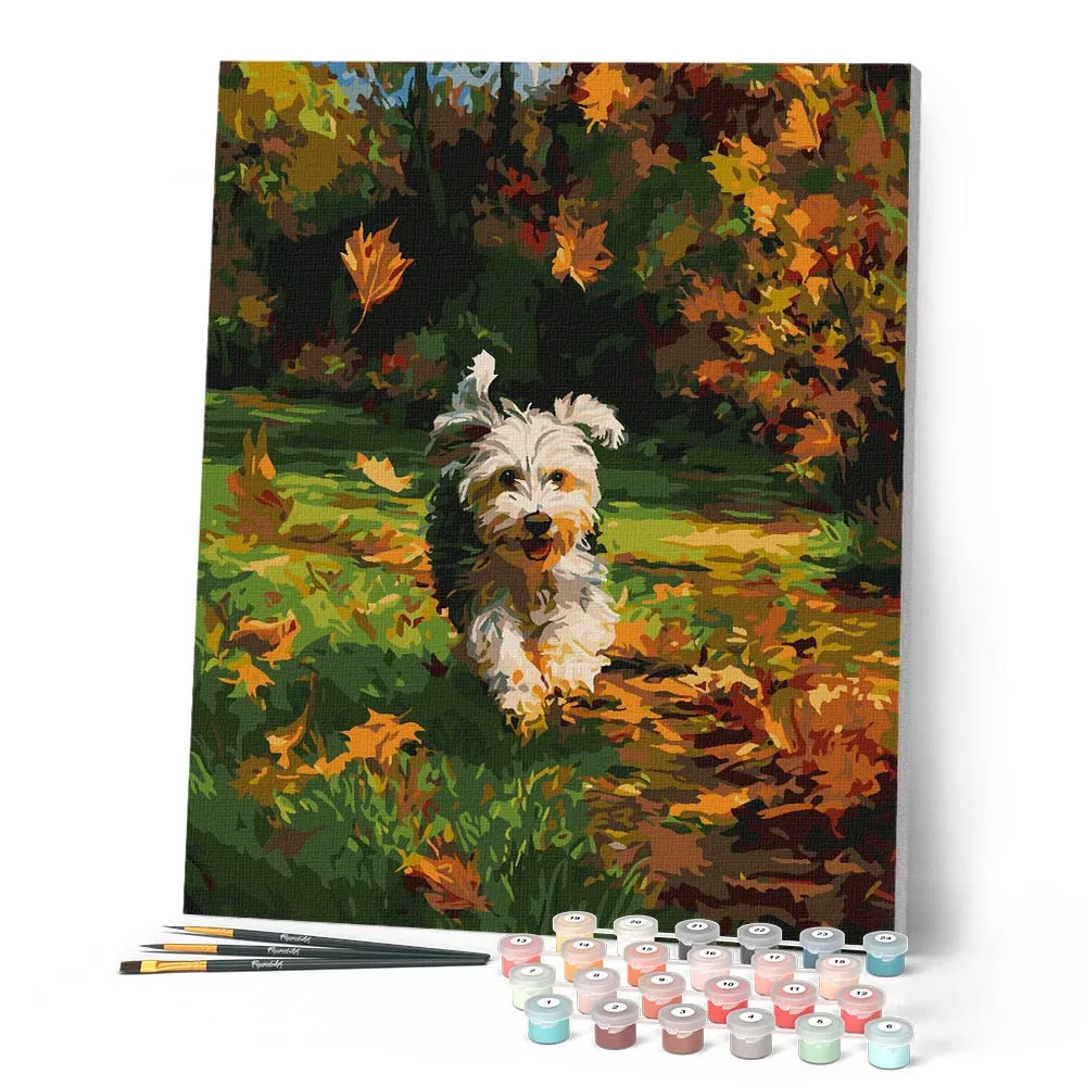 Figured'Art Vrolijke pup herfst schilderen op nummer hond middel